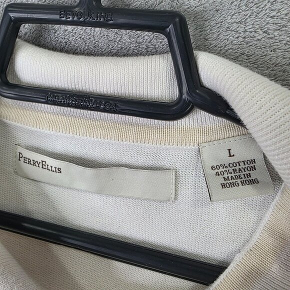 Mens Vintage Perry Ellis Ivory Pleated Polo Shirt Button Up Short Sleeve Size L - Picture 2 of 6